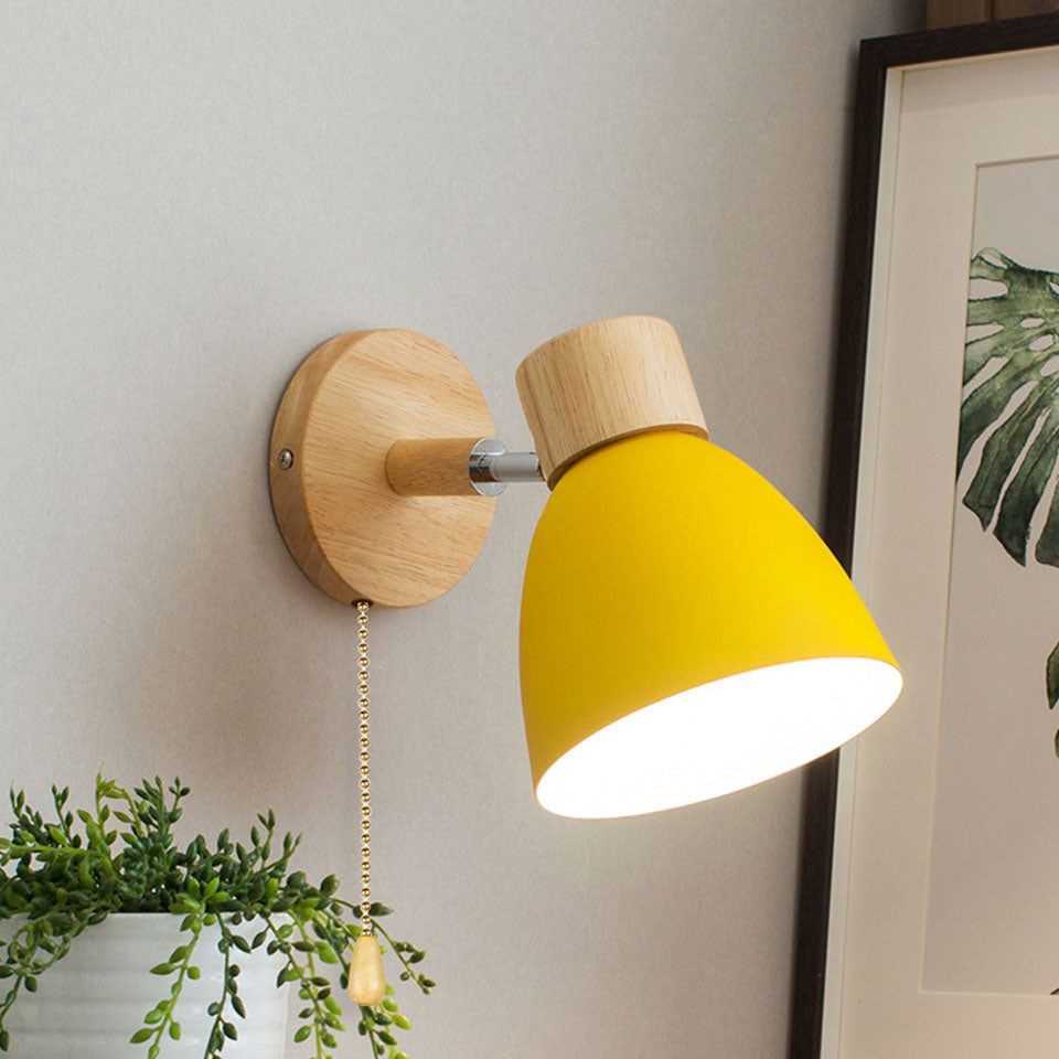 Wooden Cone Wall Light with Metal Shade – Optional Pull Switch