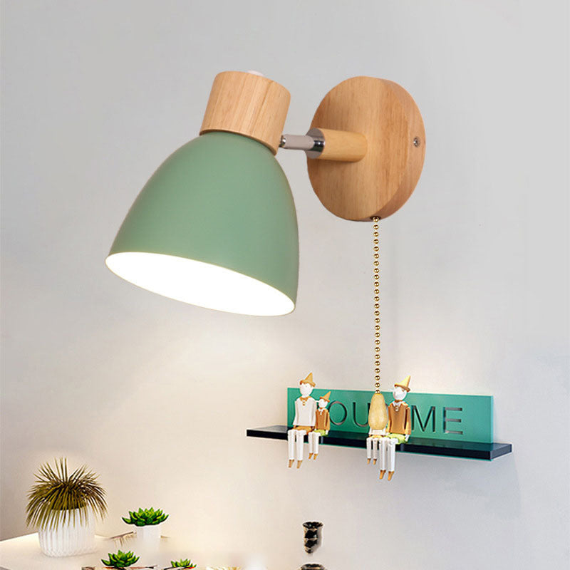 Wooden Cone Wall Light with Metal Shade – Optional Pull Switch