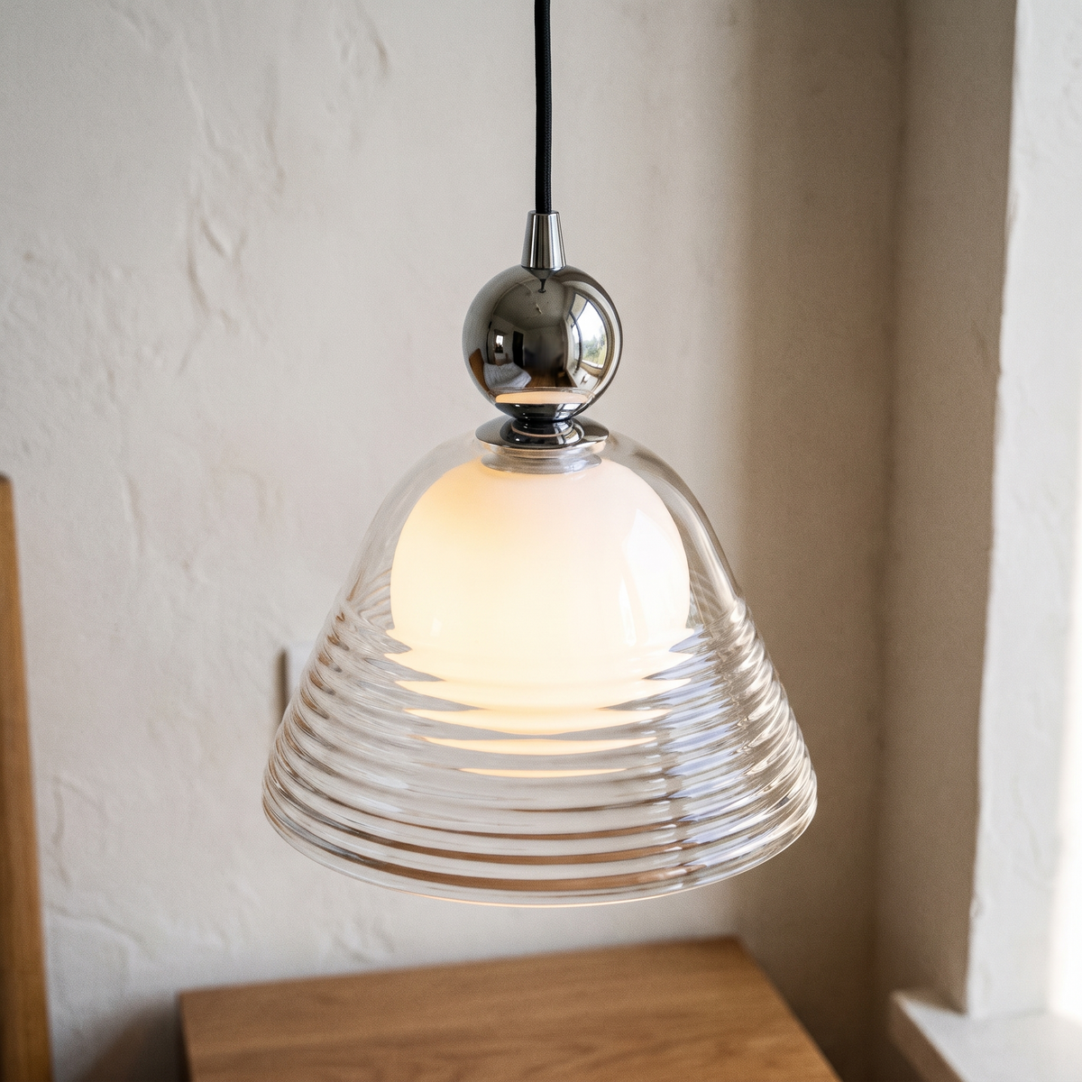 Double-Layer Ribbed Glass Bell Pendant Light