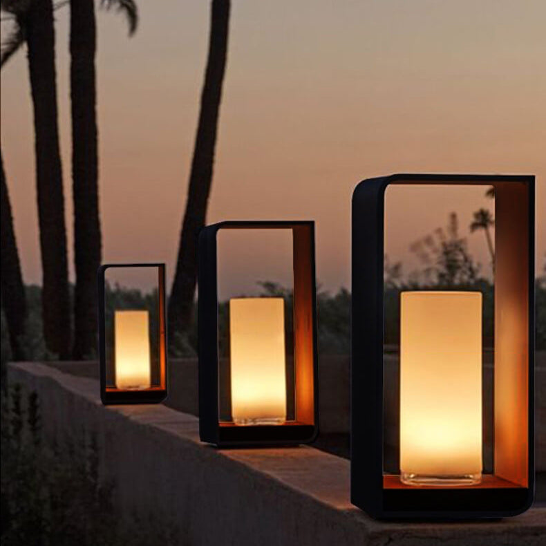 Black rectangular solar outdoor lantern with frosted glass