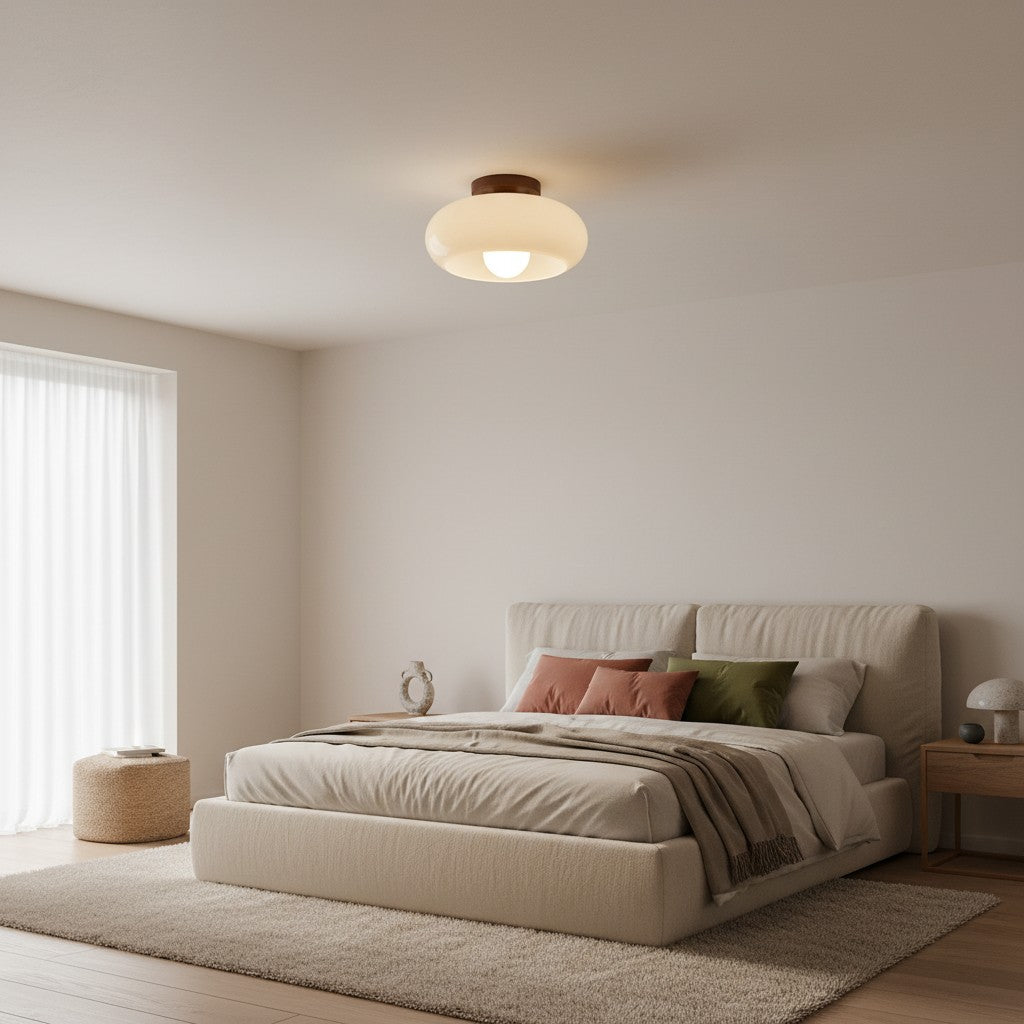 Bauhaus Opal Glass Ceiling Light with Walnut Base