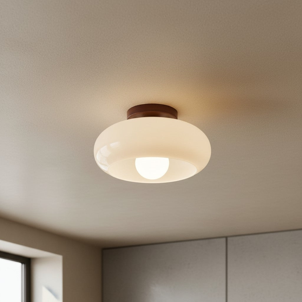 Bauhaus Opal Glass Ceiling Light with Walnut Base