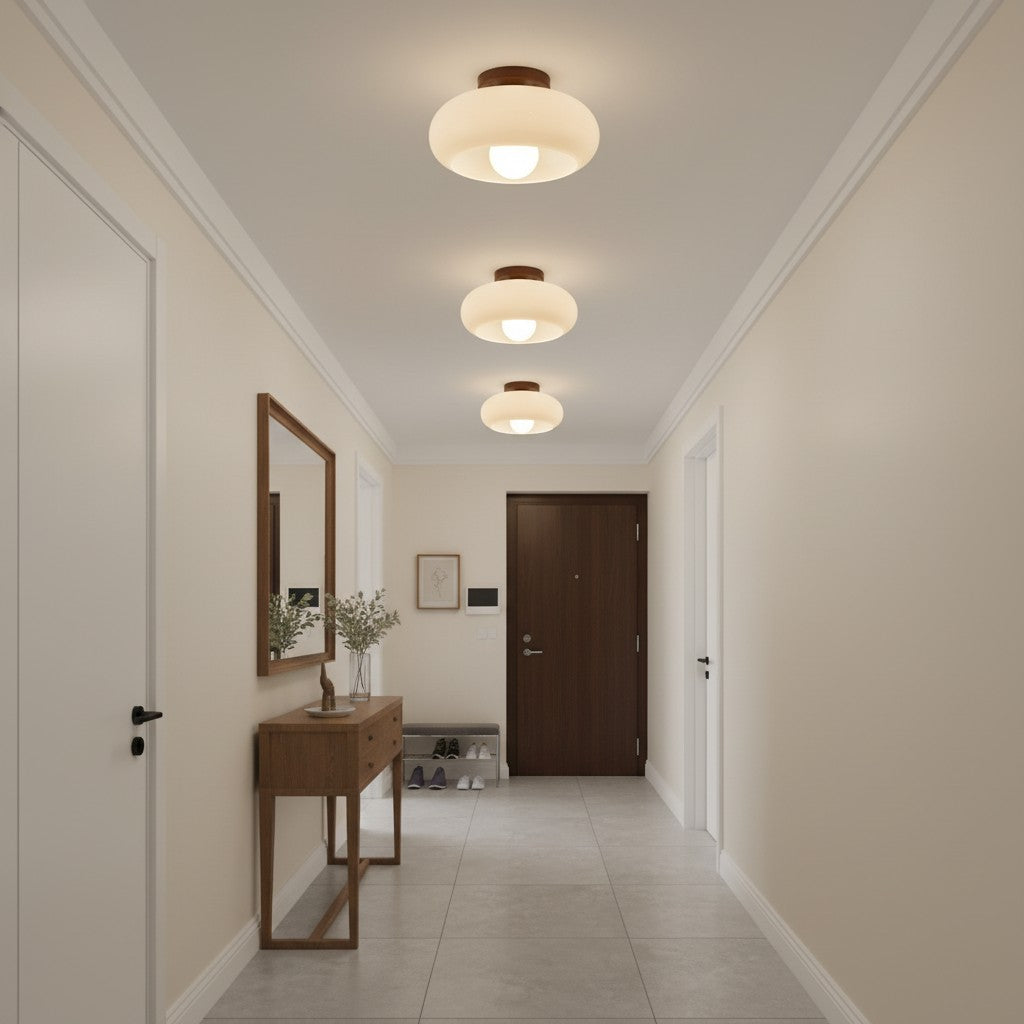Bauhaus Opal Glass Ceiling Light with Walnut Base