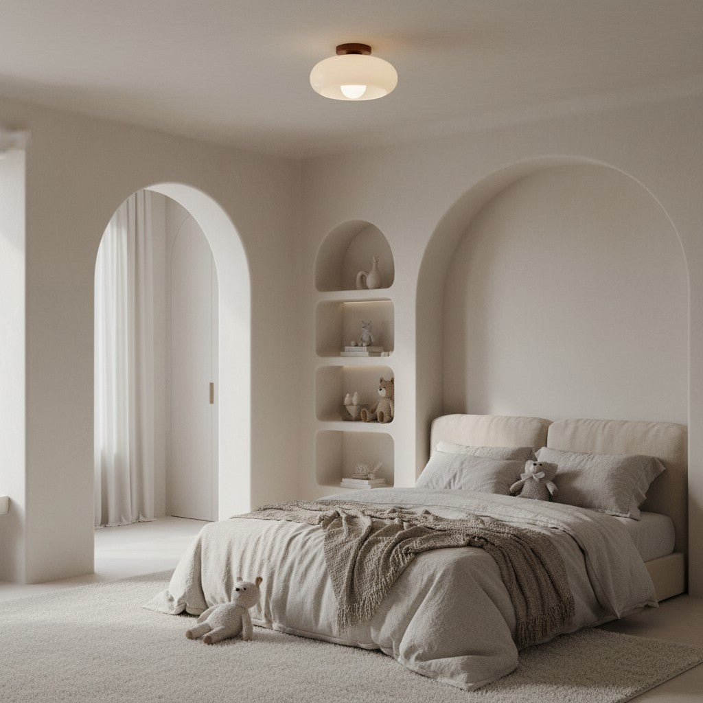Bauhaus Opal Glass Ceiling Light with Walnut Base