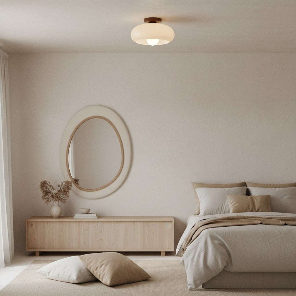 Bauhaus Opal Glass Ceiling Light with Walnut Base