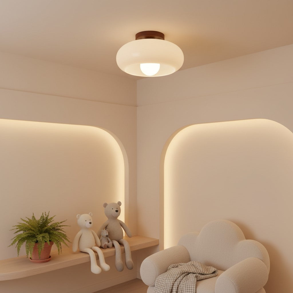 Bauhaus opal glass ceiling light with walnut base