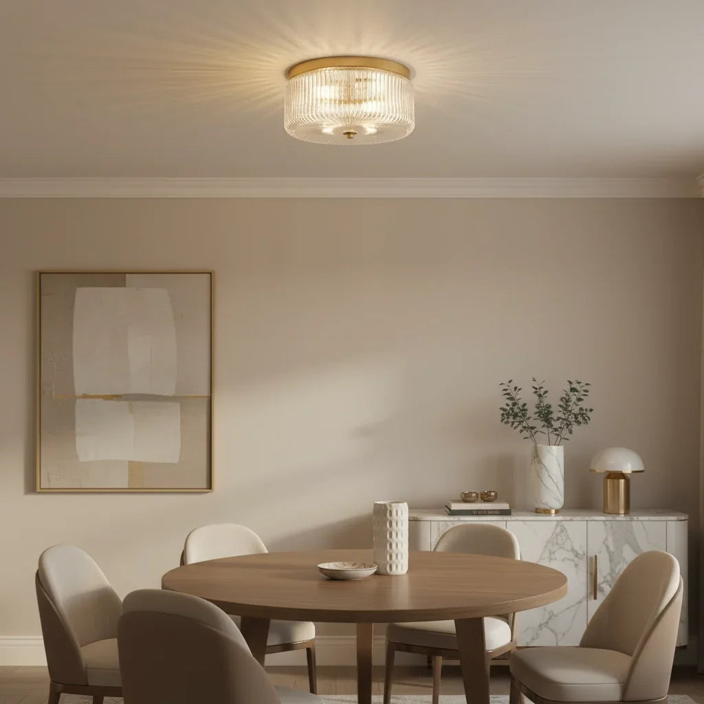 Round Ribbed Glass Flush Mount Ceiling Light – Gold Finish