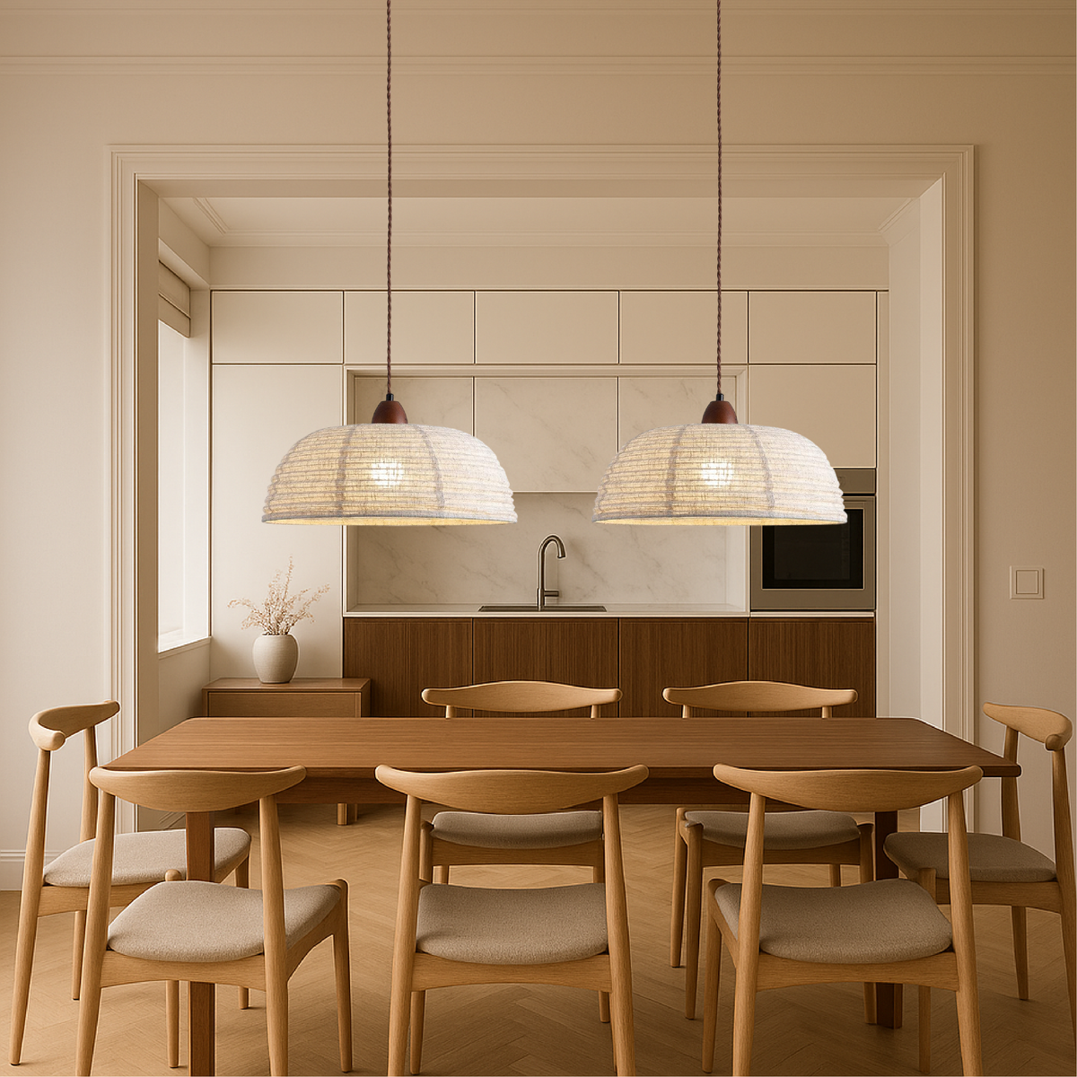 Scandinavian Fabric Pendant Light with Wood Accents – 15.7"