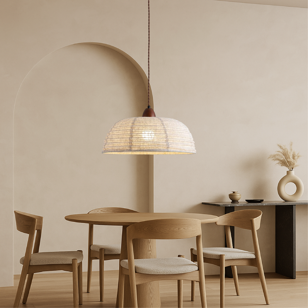 Scandinavian Fabric Pendant Light with Wood Accents – 15.7"