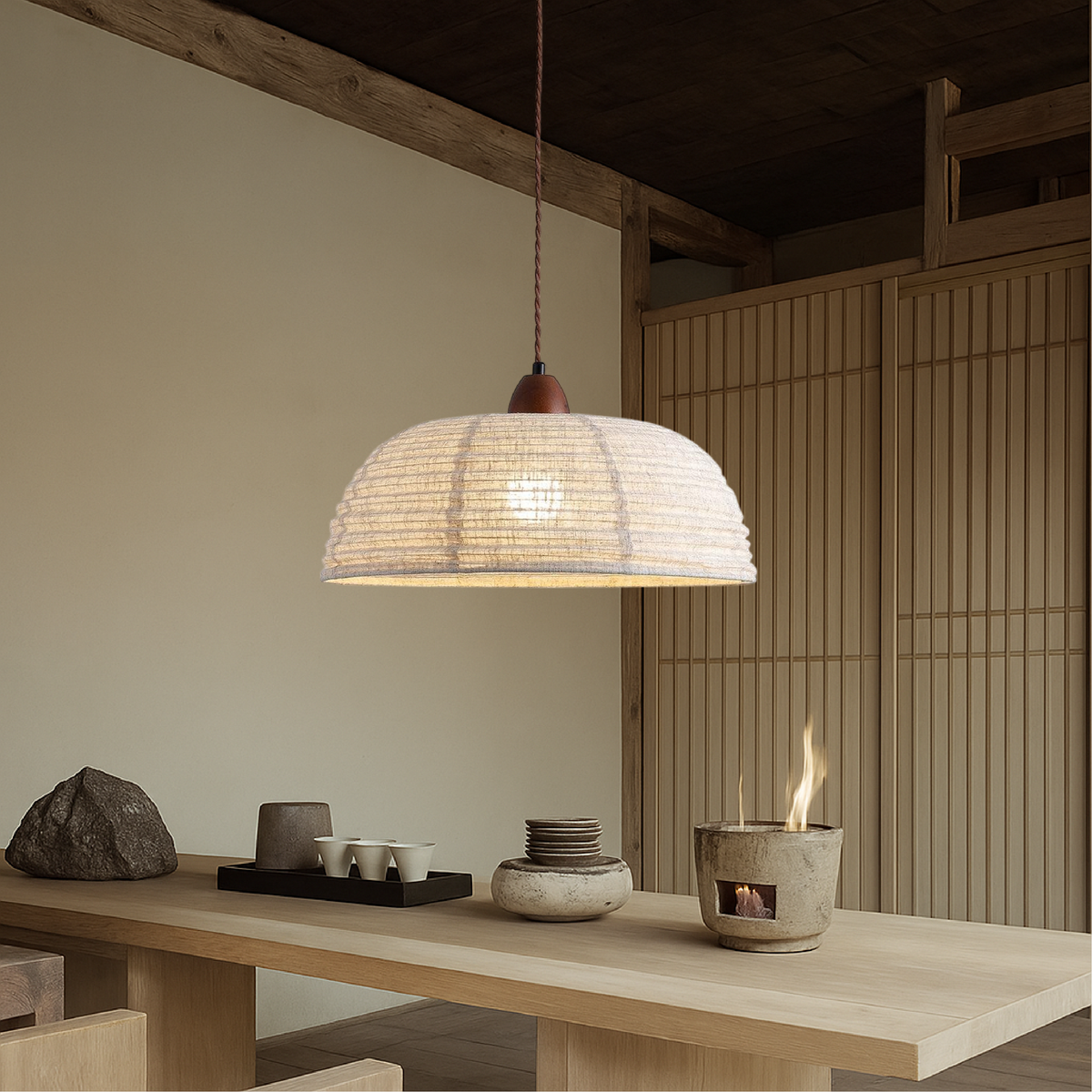 Scandinavian Fabric Pendant Light with Wood Accents – 15.7"