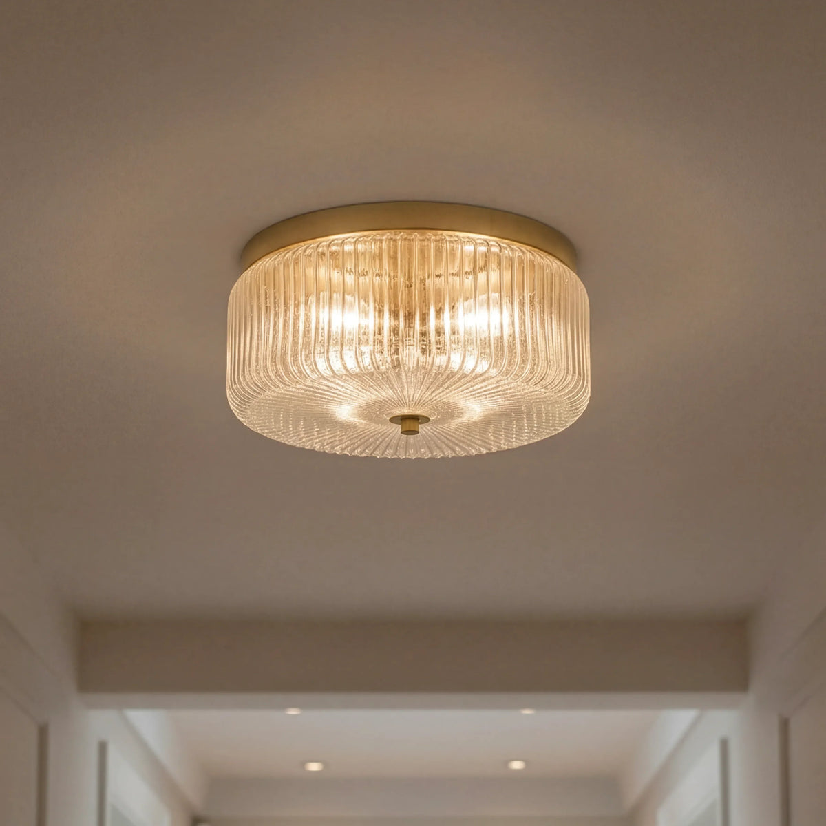 Round Ribbed Glass Flush Mount Ceiling Light – Gold Finish