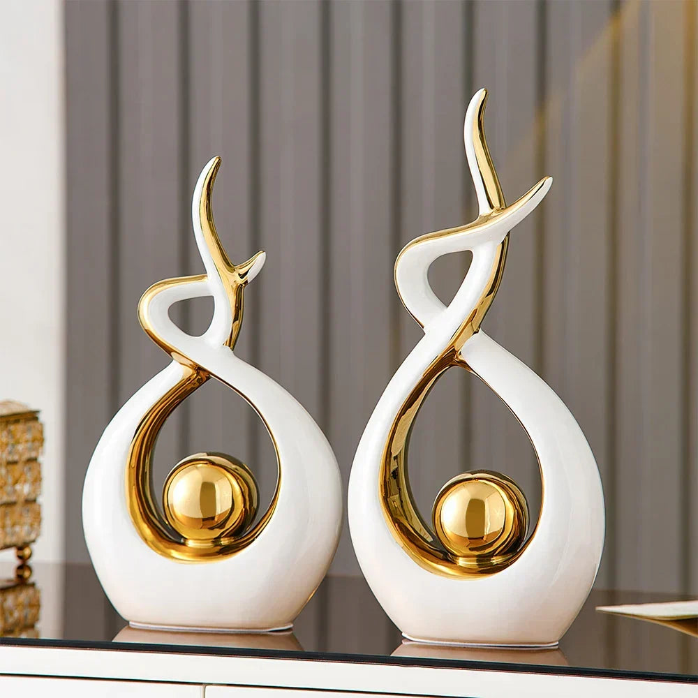 Abstract Ceramic Spiral Sculpture with Gold Detail