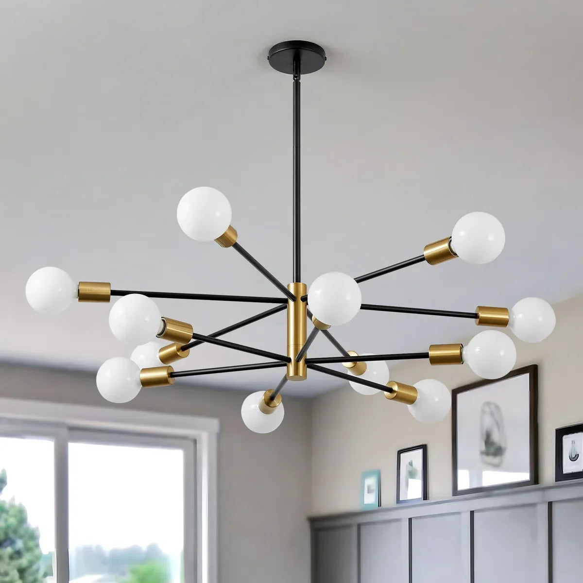 12-Light Sputnik Chandelier with Frosted Globes – Black or Gold