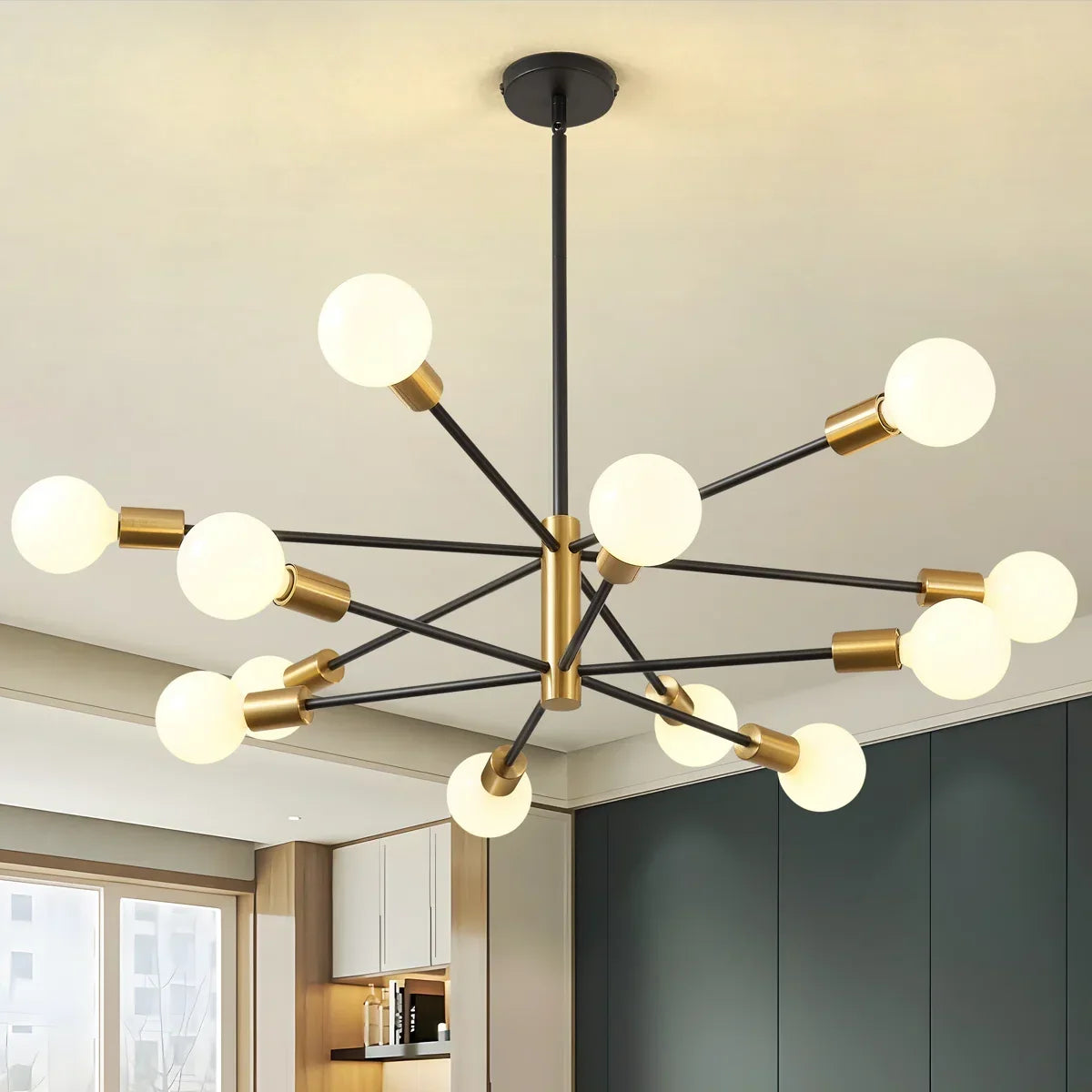 12-Light Sputnik Chandelier with Frosted Globes – Black or Gold