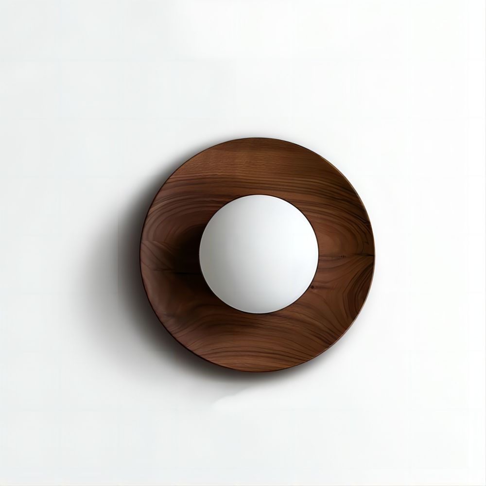 Round Wooden Wall Light with Frosted Glass Globe