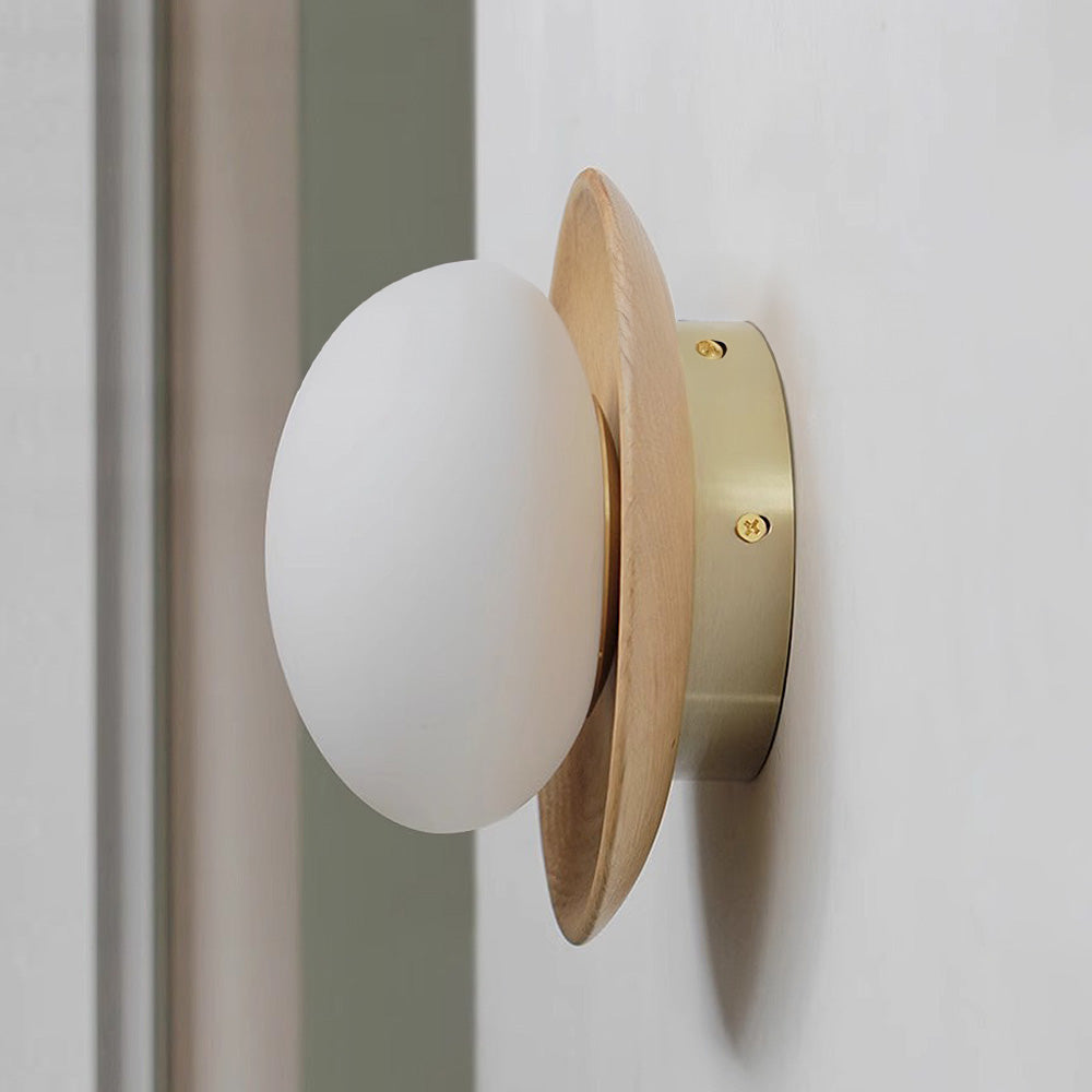 Round Wooden Wall Light with Frosted Glass Globe