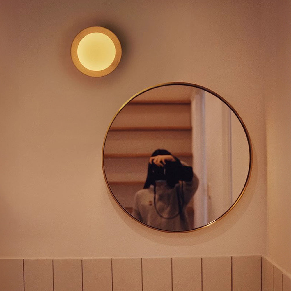 Round Wooden Wall Light with Frosted Glass Globe