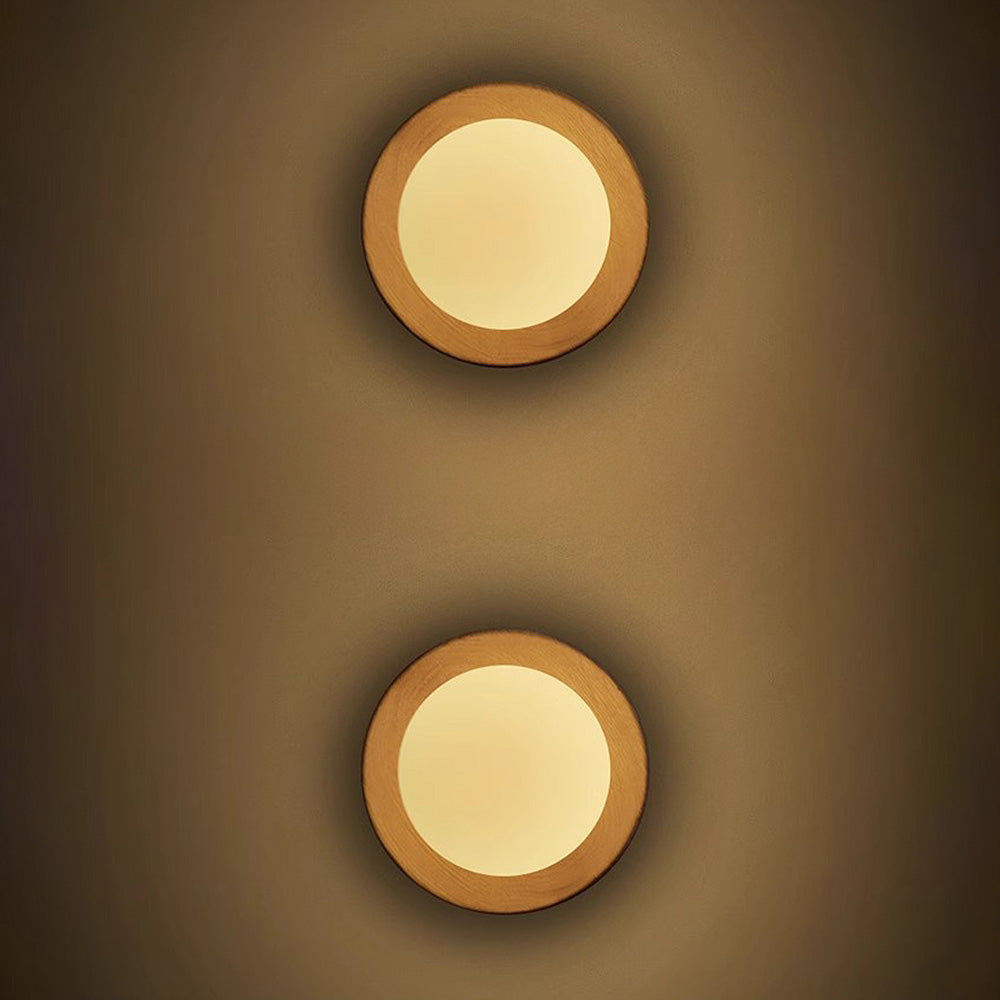 Round Wooden Wall Light with Frosted Glass Globe