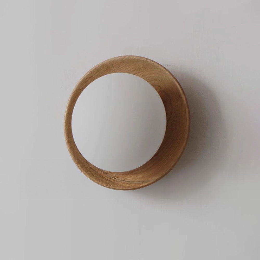 Round Wooden Wall Light with Frosted Glass Globe
