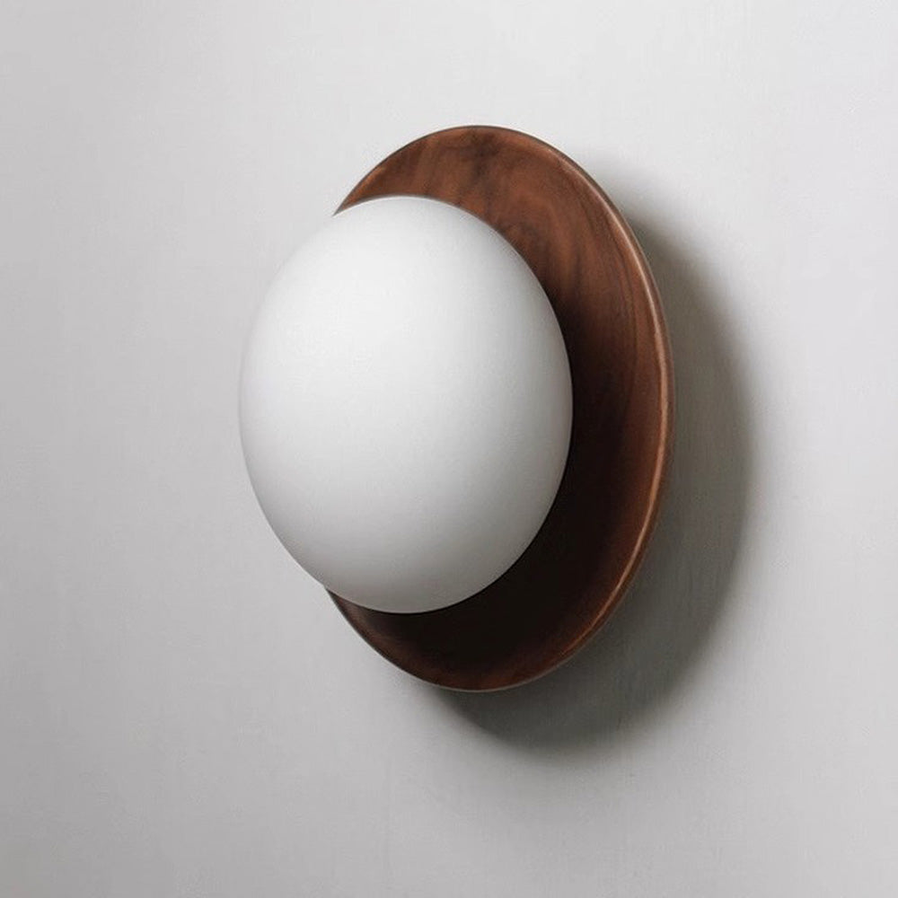 Round Wooden Wall Light with Frosted Glass Globe