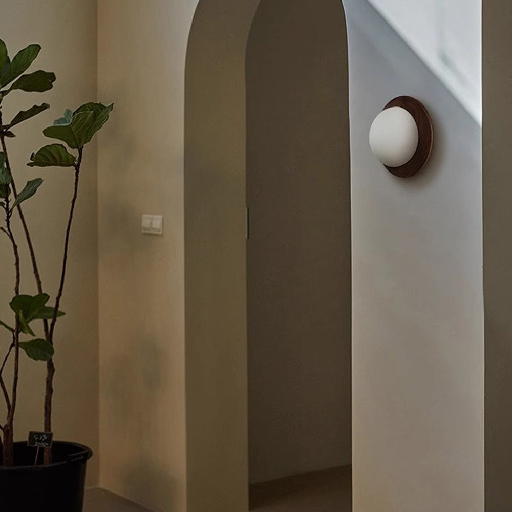 Round Wooden Wall Light with Frosted Glass Globe