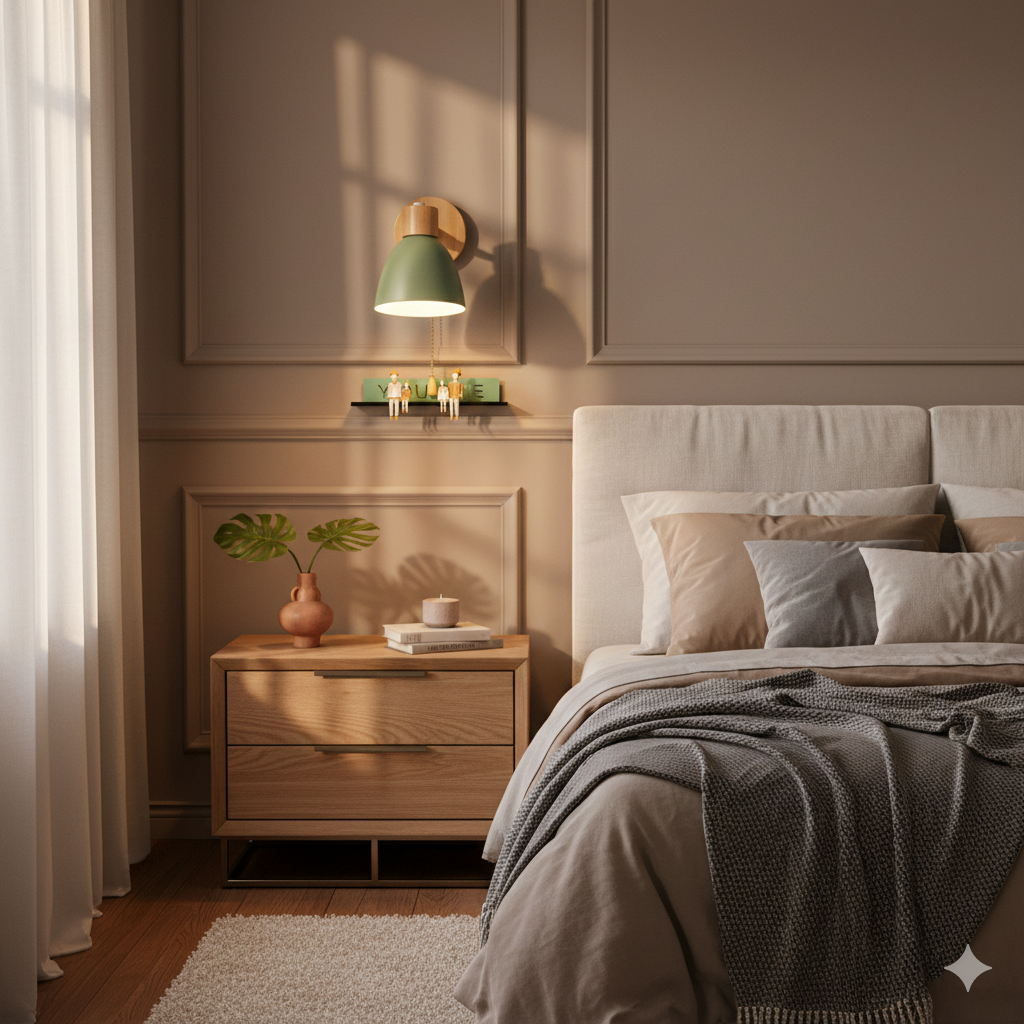 Wooden Cone Wall Light with Metal Shade – Optional Pull Switch