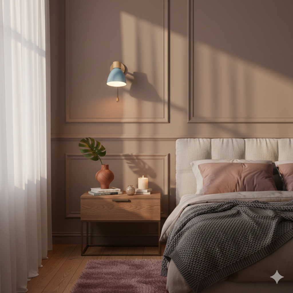 Wooden Cone Wall Light with Metal Shade – Optional Pull Switch