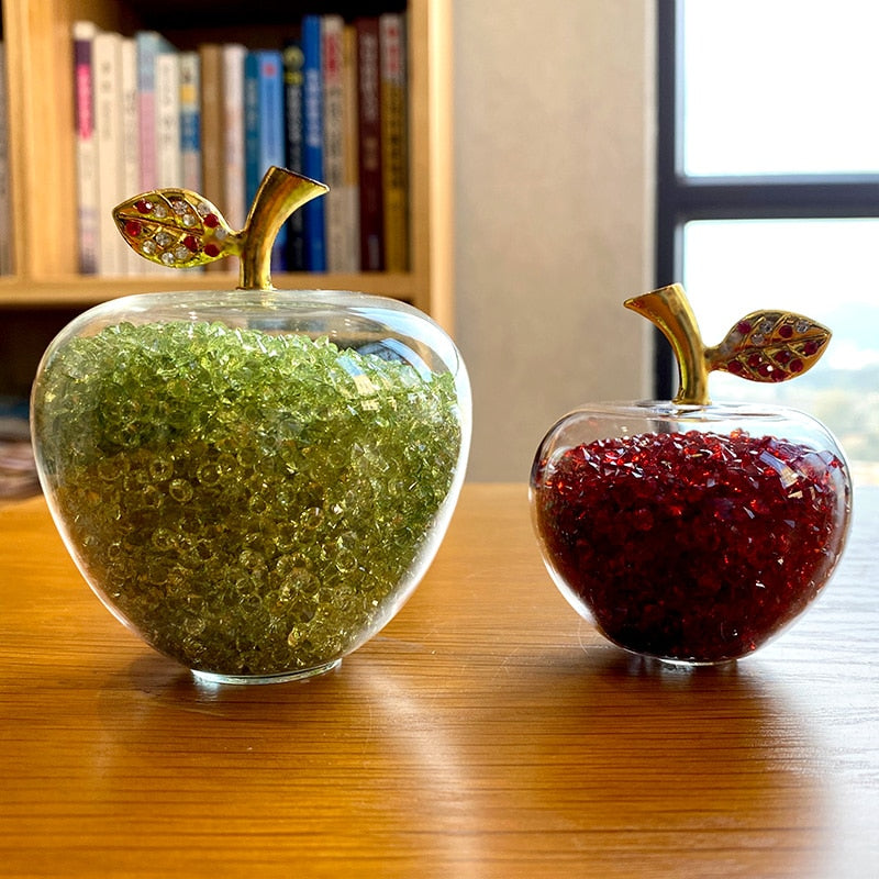 Crystal Apple Ornament with Golden Leaf – Decorative Figurine