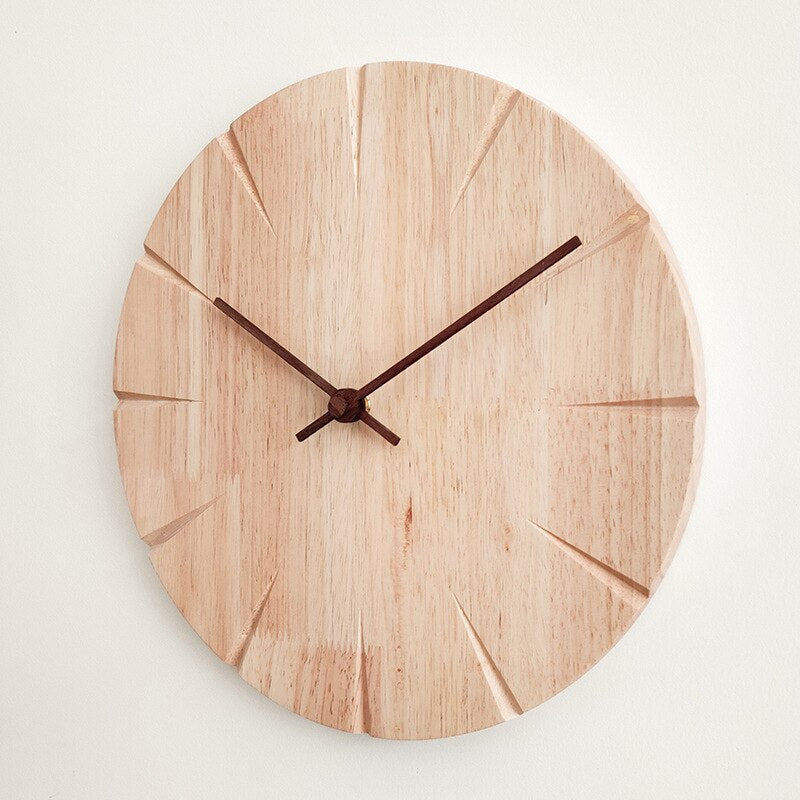 Scandinavian Solid Wood Silent Wall Clock with Carved Markers – 11.8"