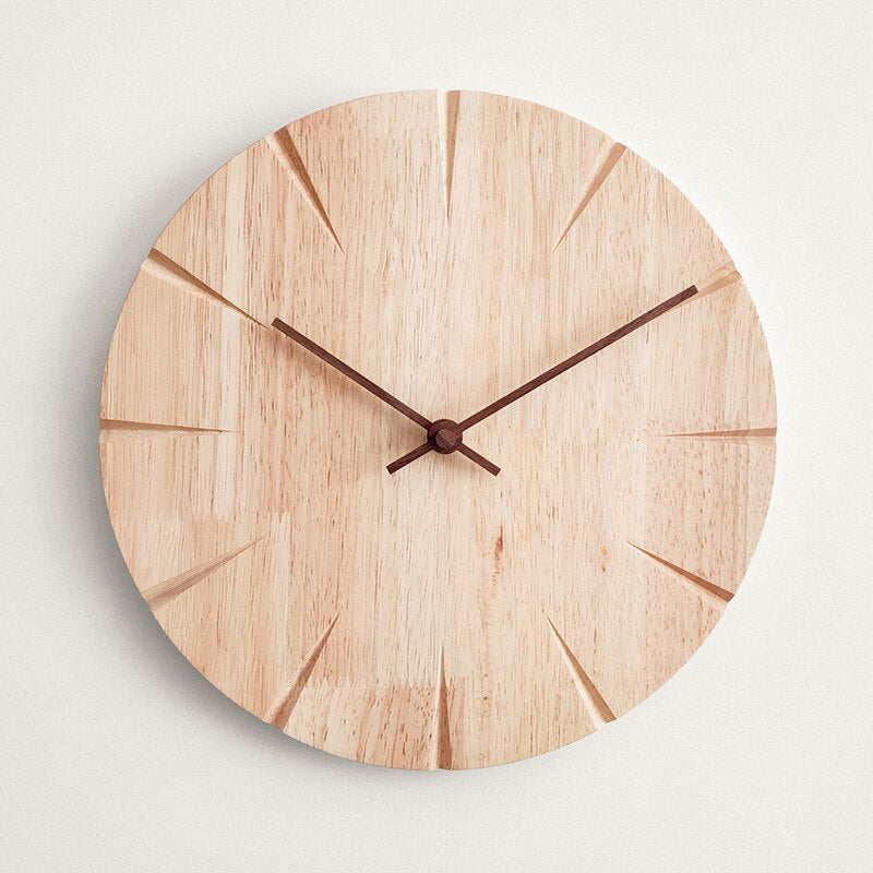 Scandinavian Solid Wood Silent Wall Clock with Carved Markers – 11.8"