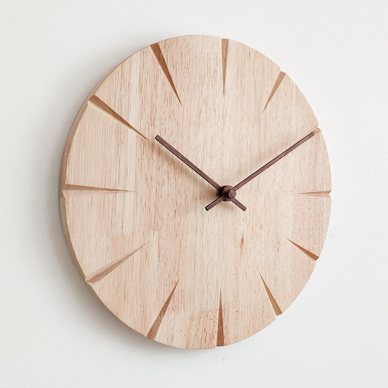 Scandinavian Solid Wood Silent Wall Clock with Carved Markers – 11.8"