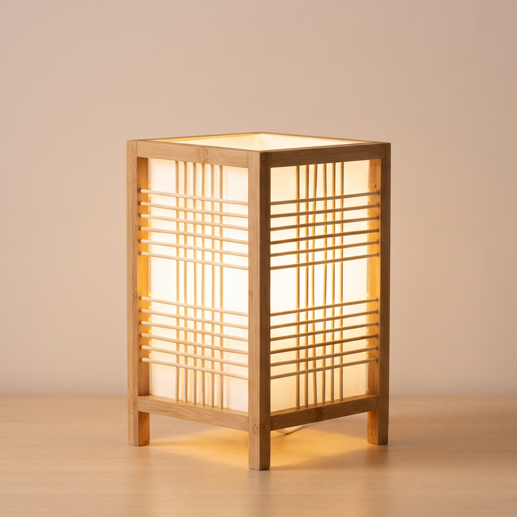 Japandi Woven Bamboo Table Lamp – Handmade Bedside Light