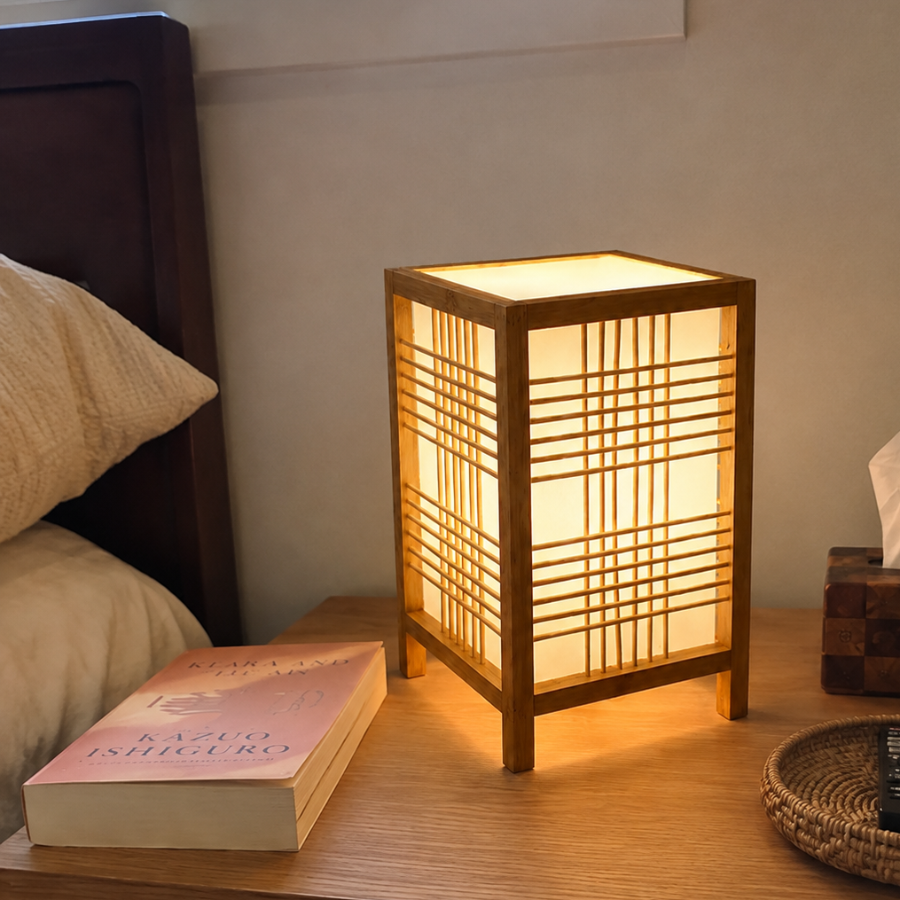 Japandi Woven Bamboo Table Lamp – Handmade Bedside Light