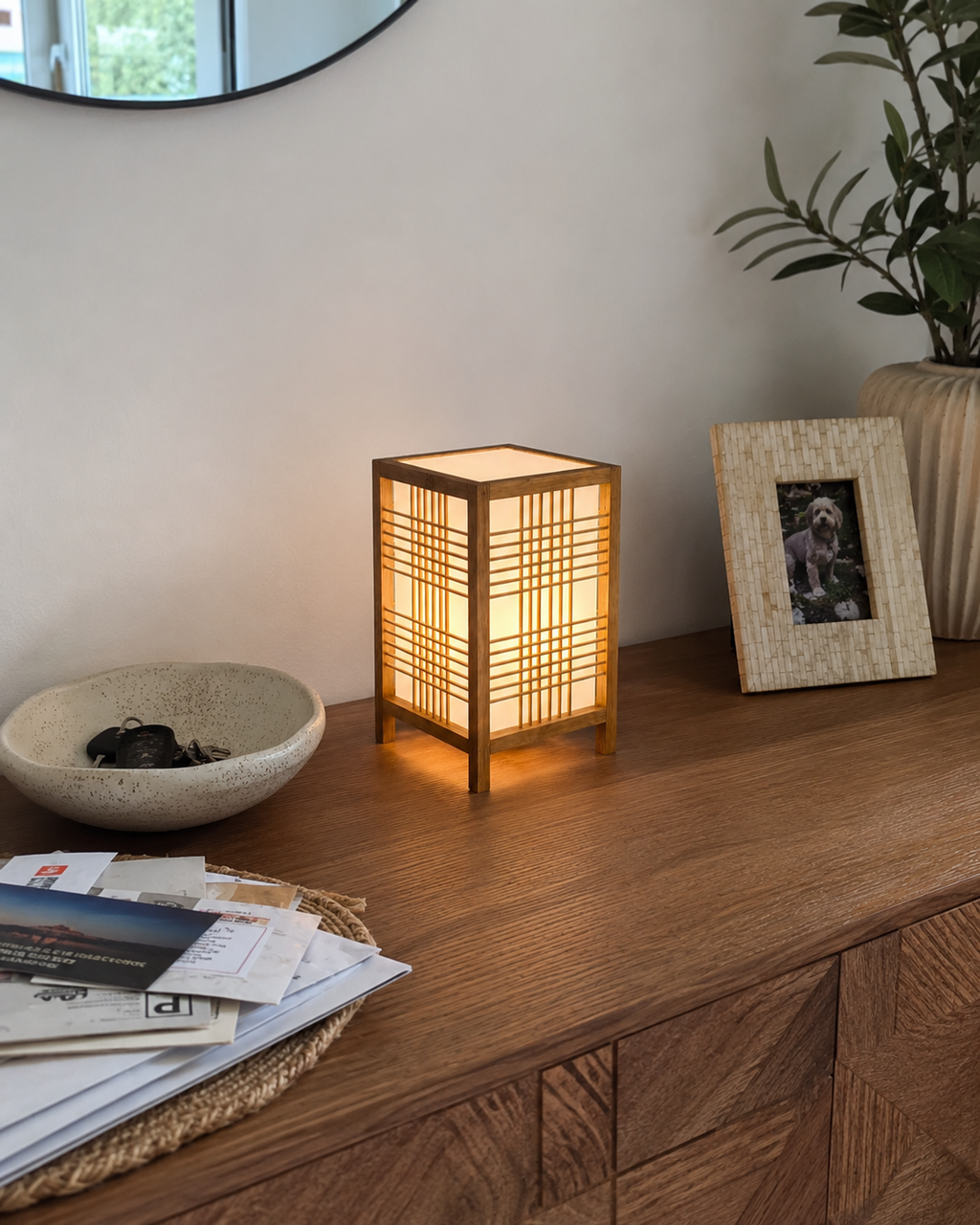 Japandi Woven Bamboo Table Lamp – Handmade Bedside Light