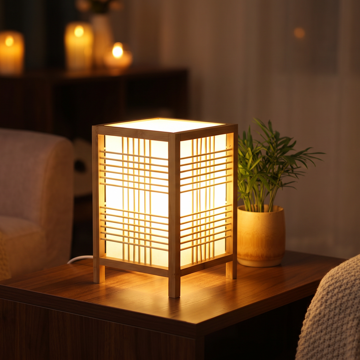 Japandi woven bamboo table lamp