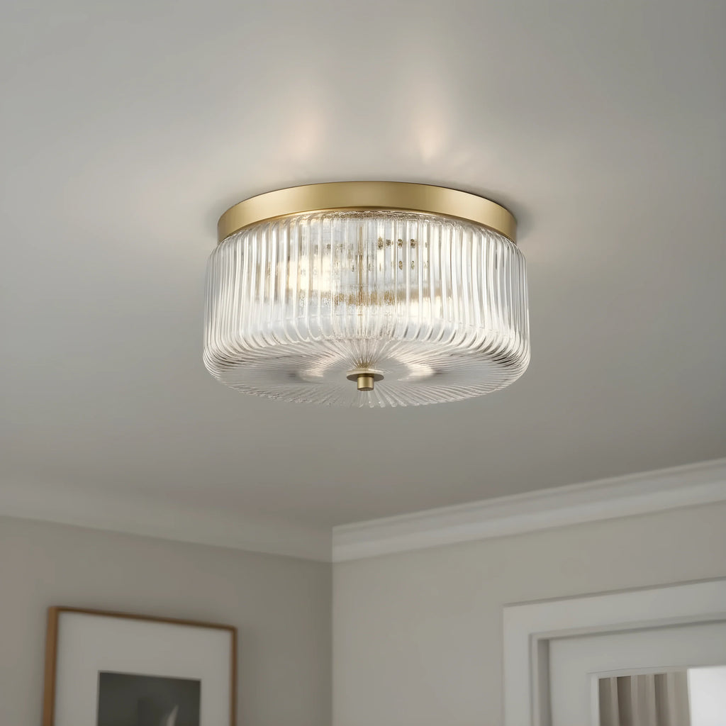 Round Ribbed Glass Flush Mount Ceiling Light – Gold Finish