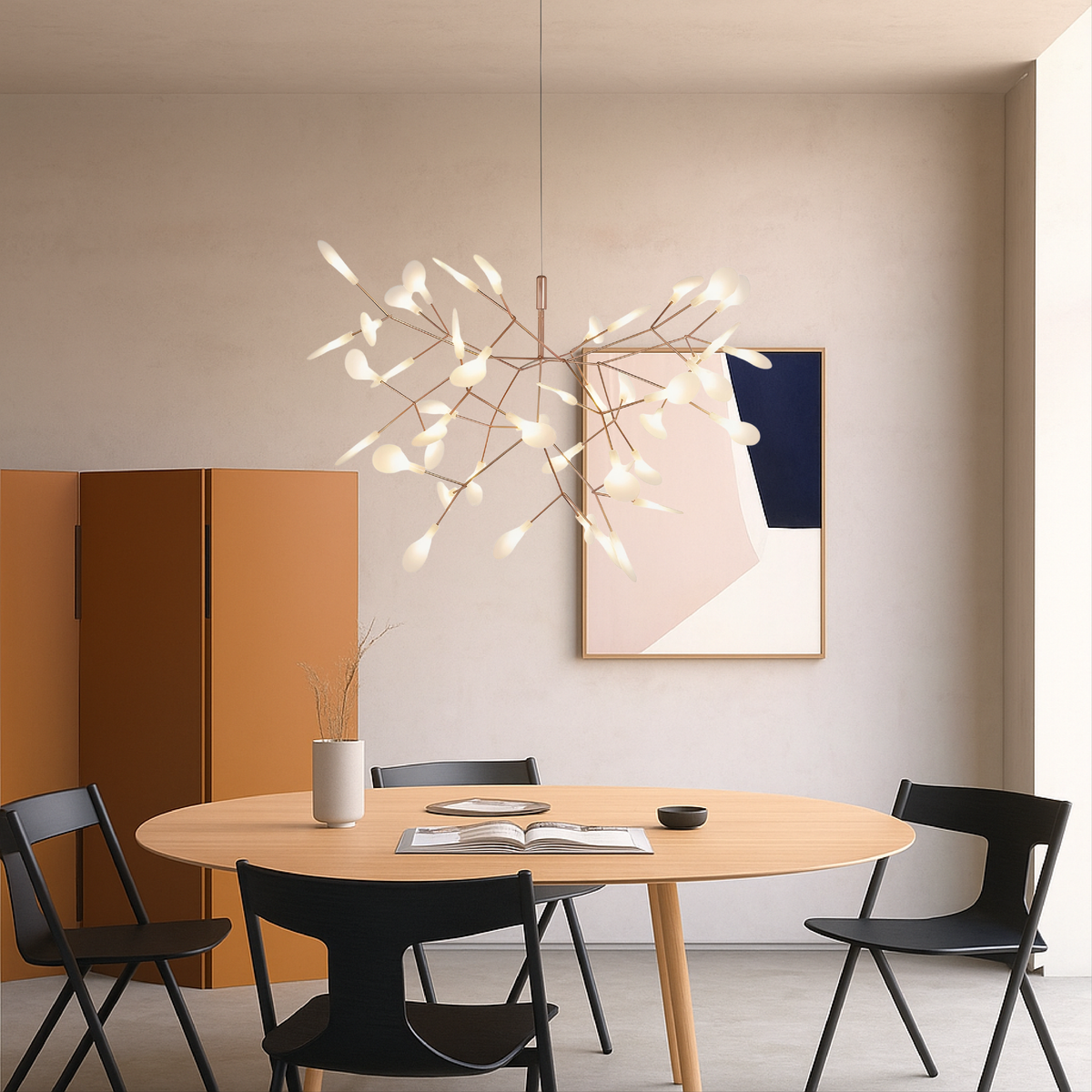 Rose gold firefly LED chandelier with acrylic globes