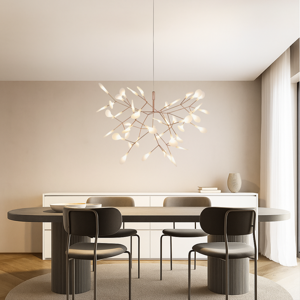 Modern Rose Gold Firefly LED Chandelier with Acrylic Globes