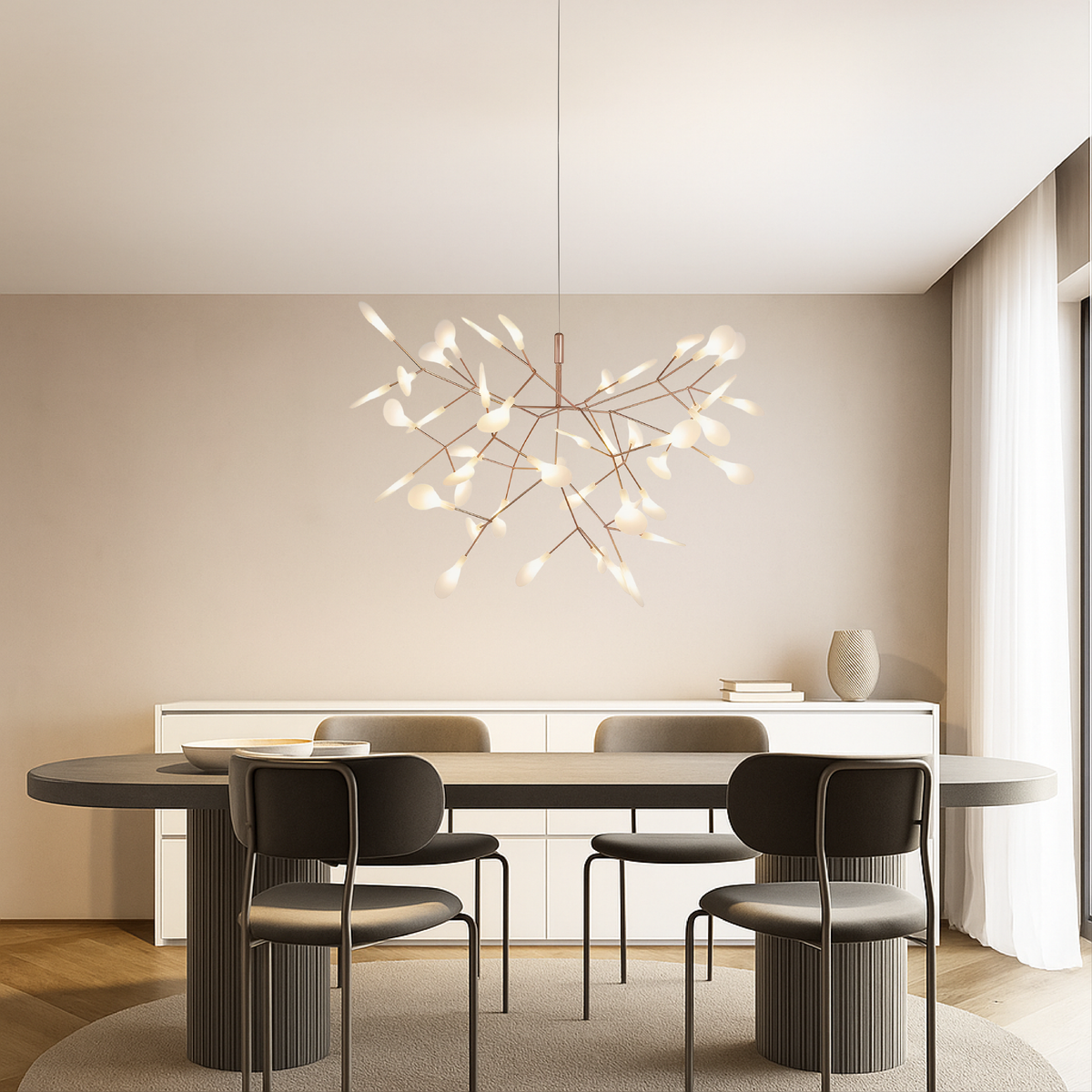 Modern Rose Gold Firefly LED Chandelier with Acrylic Globes