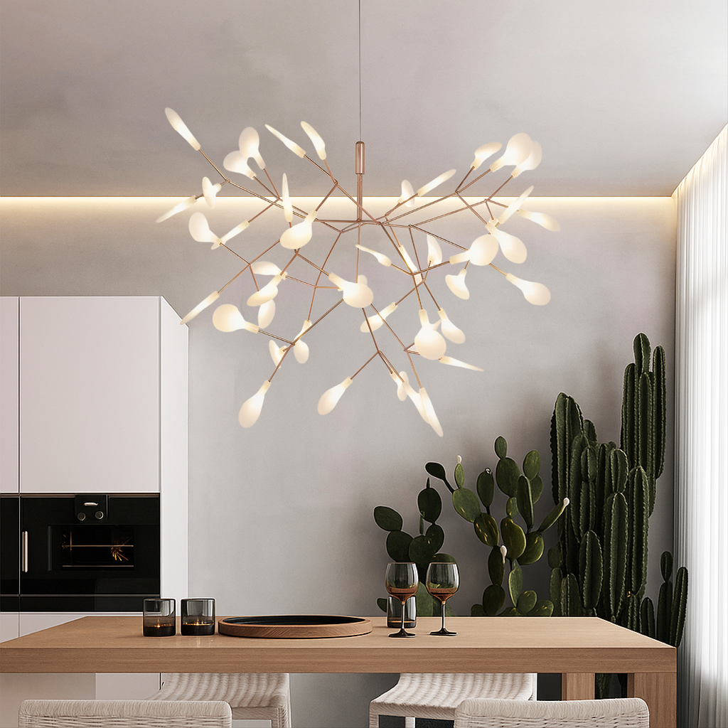 Modern Rose Gold Firefly LED Chandelier with Acrylic Globes