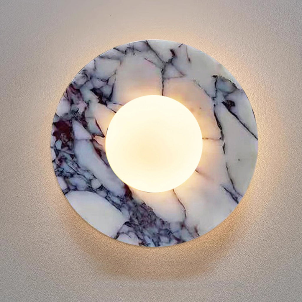 Marble Wall Sconce with Frosted Globe – Purple-Veined White Marble