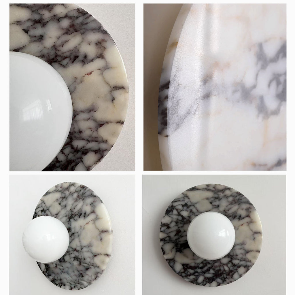 Marble Wall Sconce with Frosted Globe – Purple-Veined White Marble
