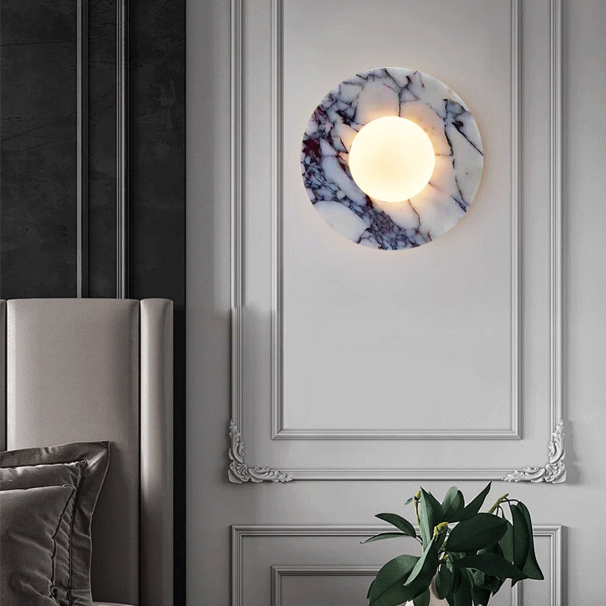 Marble Wall Sconce with Frosted Globe – Purple-Veined White Marble