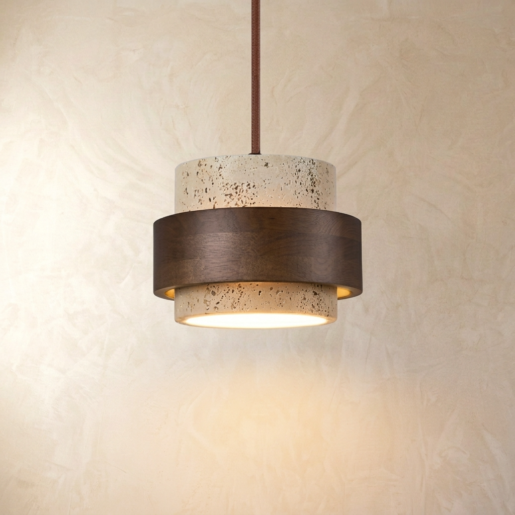 Travertine stone pendant light with walnut band