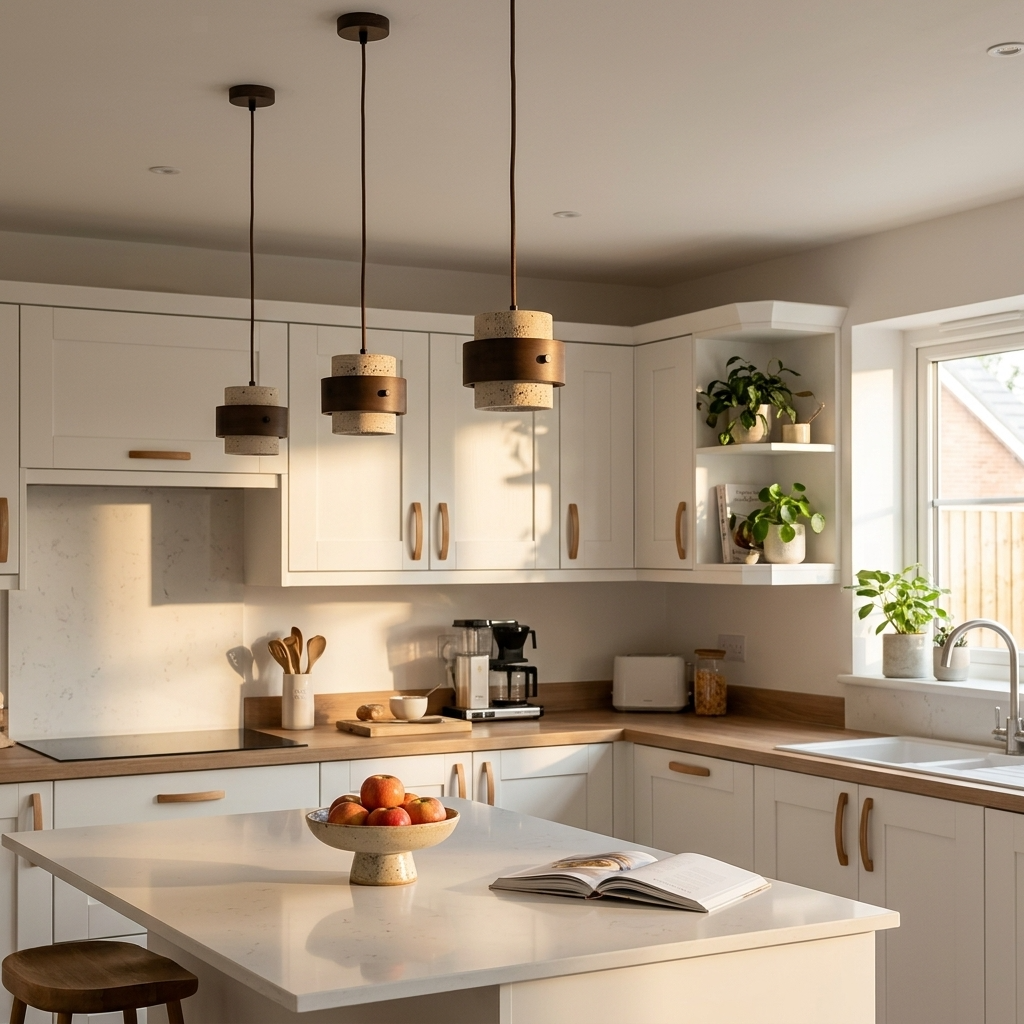 Travertine Stone Pendant Light with Walnut Wood Band