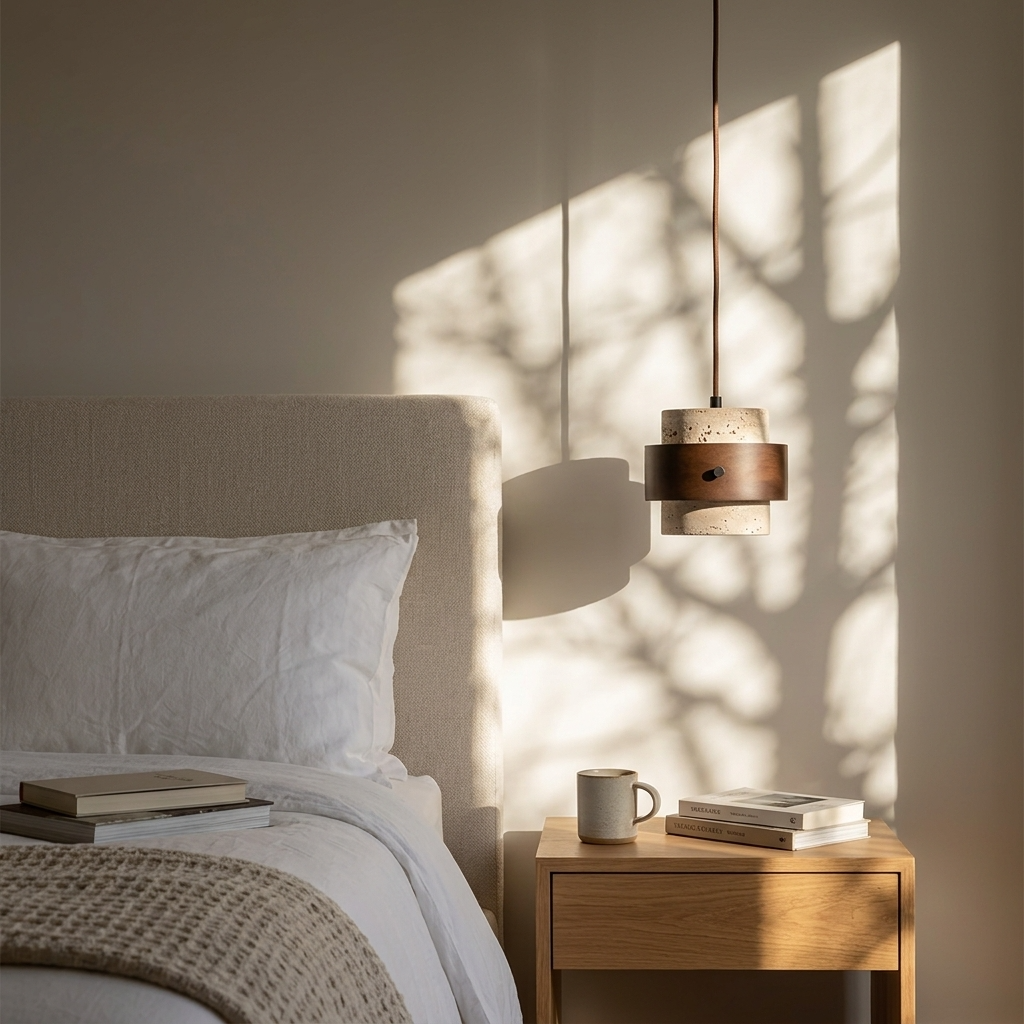 Travertine Stone Pendant Light with Walnut Wood Band