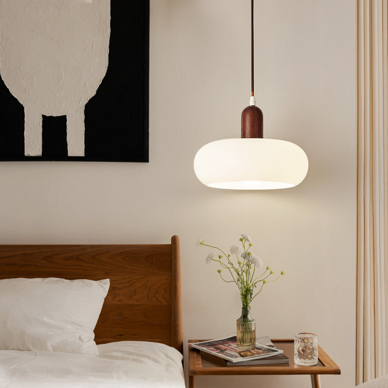Nordic Cream Glass Pendant Light with Wooden Cap