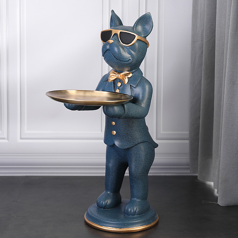 Bulldog Butler Statue with Gold Tray – Decorative Catchall