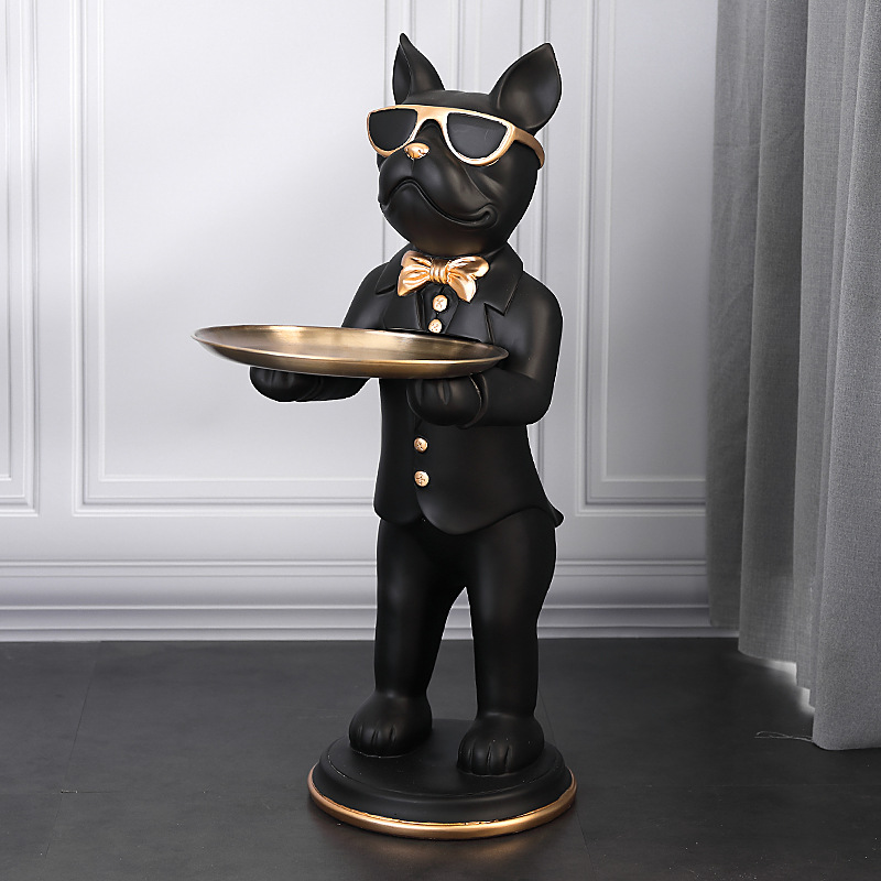 Bulldog butler statue with gold tray