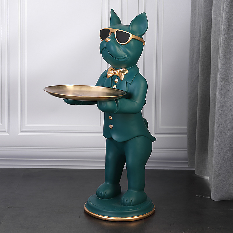 Bulldog Butler Statue with Gold Tray – Decorative Catchall